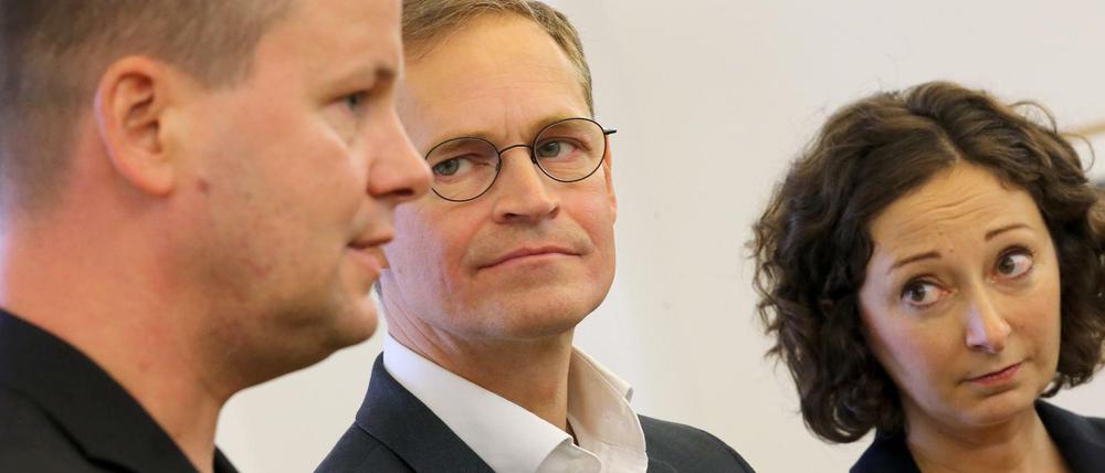 Klaus Lederer (Linke), Michael Müller (SPD) und Ramona Pop (Grüne) während der Koalitionsverhandlungen. 