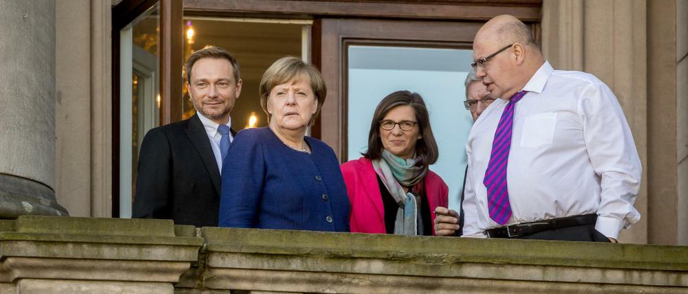 Bundeskanzlerin Angela Merkel (CDU), FDP-Chef Christian Lindner, Katrin Göring-Eckardt, Fraktionsvorsitzende der Grünen im Bundestag und Kanzleramtsminister Peter Altmaier (CDU). 