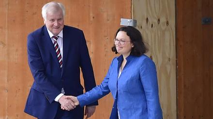 Innenminister Horst Seehofer (CSU) und SPD-Chefin Andrea Nahles verabschieden sich nach dem Krisengespräch mit einem Handschlag.
