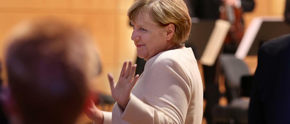Bundeskanzlerin Angela Merkel bei der Feier zum 31. Jahrestag der Deutschen Wiedervereinigung in Halle (Saale) im Oktober 2021.