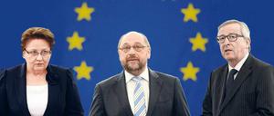 Die Chefs der Institutionen: Laimdota Straujuma (Lettische Ministerprasidentin/EU-Ratsvorsitz), Martin Schulz (EU-Parlamentspräsident), Jean-Claude Juncker (EU-Kommissionspräsident)