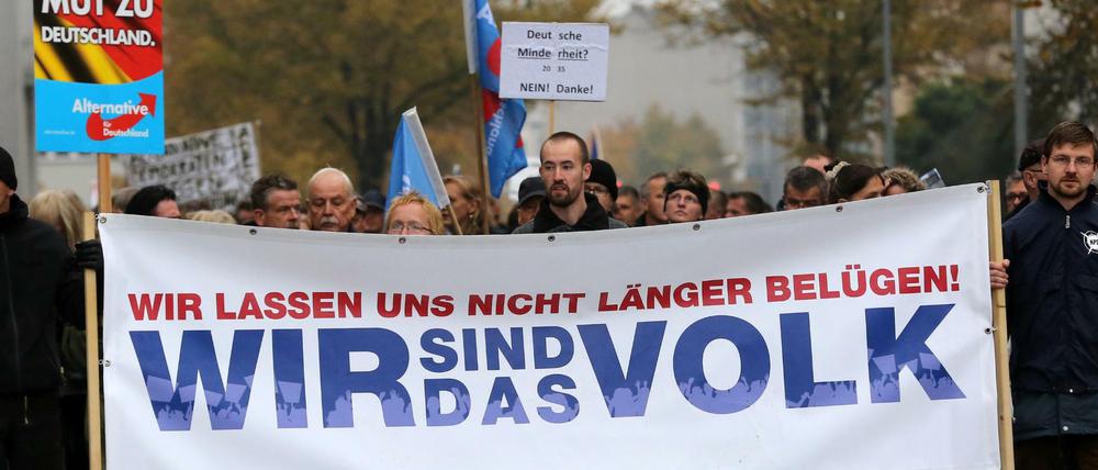 "Wir lassen uns nicht länger belügen! Wir sind das Volk" steht auf einem Transparent bei einer AfD-Demo im Oktober in Rostock. Der NPD-Landtagsabgeordnete David Petereit (r) trägt das Transparent mit.