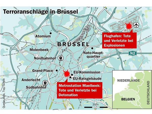 Die Anschläge ereigneten sich am Flughafen Zaventem im Nordosten Brüssels und an der Metrostation Maelbeek. 
