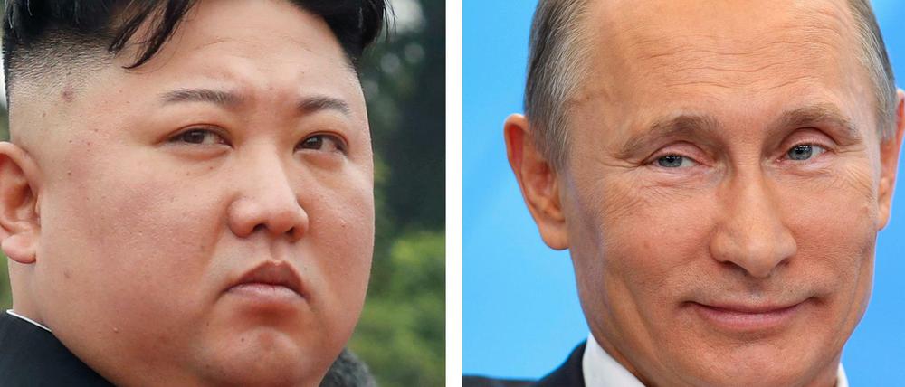 Die Bildkombo zeigt Kim Jong Un, Machthaber von Nordkorea, aufgenommen in Hanoi, und den russischen Ministerpräsident Wladimir Putin (r), aufgenommen in Moskau. 