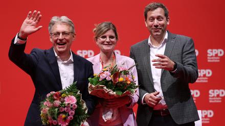 Achim Post (l-r) und Sarah Philipp wurden mit großer Mehrheit gewählt, damit hat die nordrhein-westfälische SPD erstmals eine Doppelspitze.