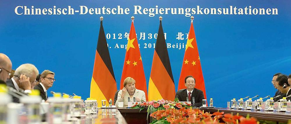 Bundeskanzlerin Angela Merkel und Chinas Ministerpräsident Wen Jiabao bei den zweiten chinesisch-deutschen Regierungskonsultationen.