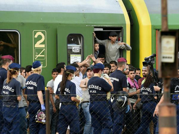 Flüchtlinge und die ungarische Polizei am Bahnhof in Bicske. Die Polizei und Übersetzter wollen die Menschen dazu bewegen, aus dem Zug zu steigen.