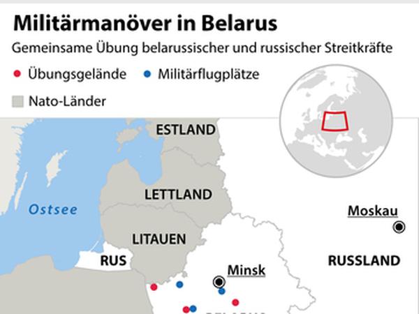 Gemeinsames Militärmanöver von Russland und Belarus - Verortung von Übungsplätzen und Militärflugplätzen