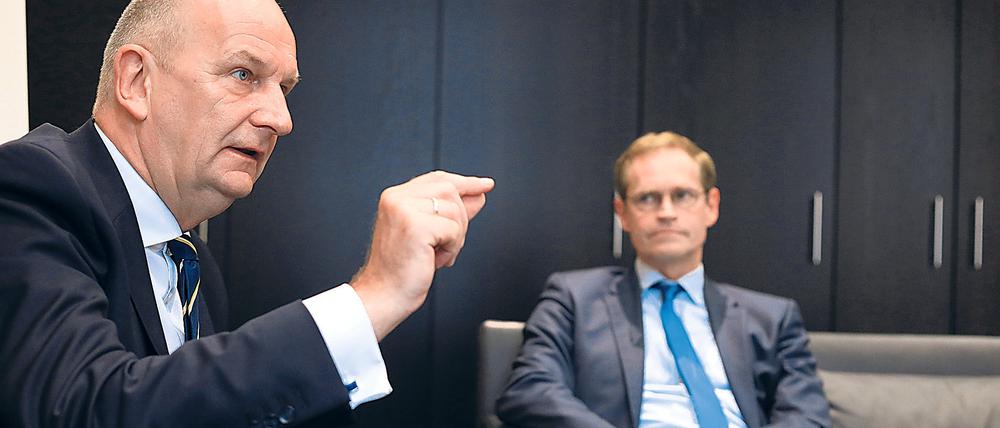 Ministerpräsident Dietmar Woidke und Bürgermeister Michael Müller (beide SPD) , Regierungschefs von Brandenburg und Berlin im Tagesspiegel-Doppelinterview.