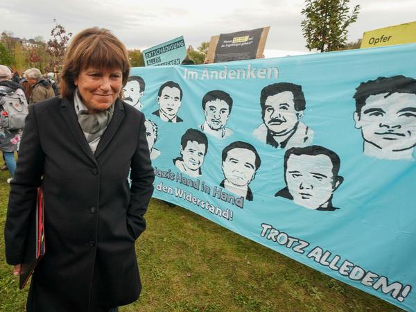Die Oberbürgermeisterin von Zwickau, Pia Findeiß (SPD), auf der Gedenkveranstaltung für die Opfer des NSU. 