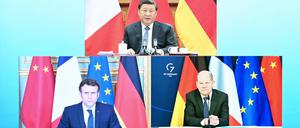 Er ist ihnen über, wenn sie sich nicht einig sind: Chinas Präsident Xi Jinping beim Videogipfel mit Frankreichs Präsident Emmanuel Macron und Bundeskanzler Olaf Scholz im März 2022.