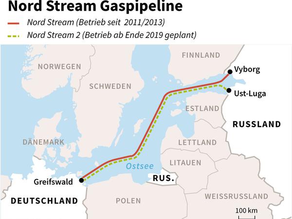 Die Karte zeigt die Gaspipelines Nord Stream und Nord Stream 2.