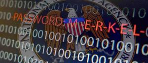 Abhör-Demonstration. Auf einem Bildschirm, auf dem das Logo des US-Geheimdiensts NSA zu sehen ist, wird eine Ausspähung des Merkel-Handys simuliert.