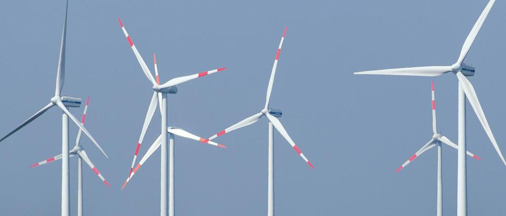 Dicht stehen die Windräder eines Windenergieparks an Einfamilienhäusern nahe Nauen in Brandenburg.