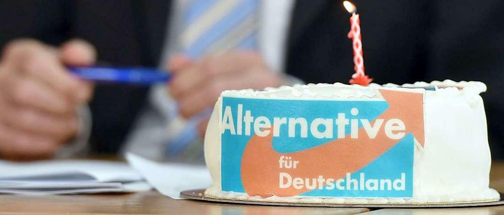 Der Geburtstagskuchen zu einem Jahr AfD. Im Hintergrund Parteichef Bernd Lucke