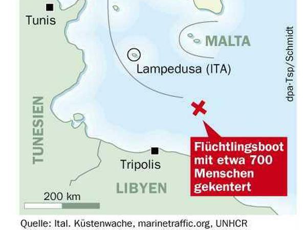 Flucht übers Mittelmeer: Unsere Grafik zeigt die Stelle zwischen Libyen und Lampedusa, an der das Flüchtlingsboot gekentert ist.