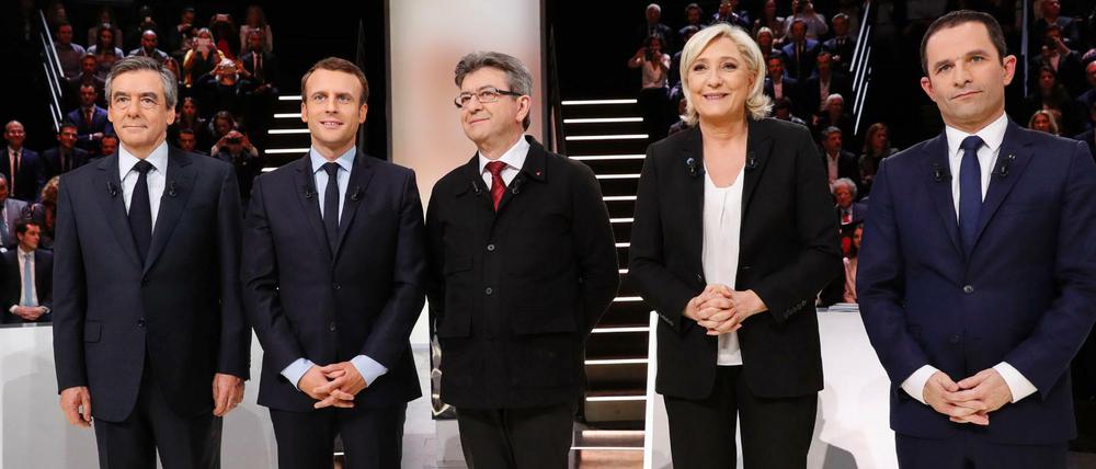 Die fünf Bewerber um die französische Präsidentschaft (v.l.n.r.): Fillon, Macron, Melenchon, Le Pen und Hamon.