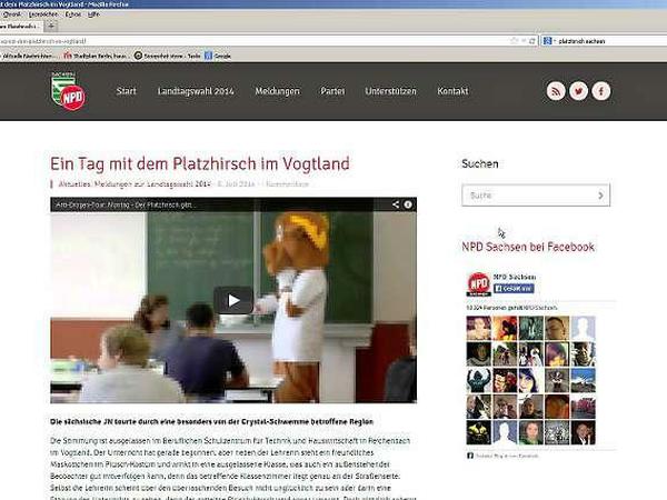 Der "Platzhirsch" ist das Maskottchen der NPD in Sachsen und geht im Landtagswahlkampf auf "Drogentour". So wird der Plüsch-Rechtsextreme auch bei Youtube und in anderen sozialen Onlinemedien vermarktet. 