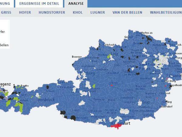 Überwiegend Blau - eine Karte von Österreich nach dem ersten Durchgang der Bundespräsidentenwahl. 