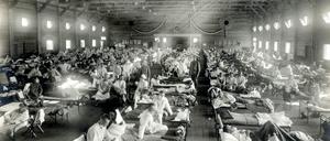 Patienten, die an der Spanischen Grippe erkrankt sind, liegen im Jahr 1918 in Betten eines Notfallkrankenhauses in Kansas (USA) 