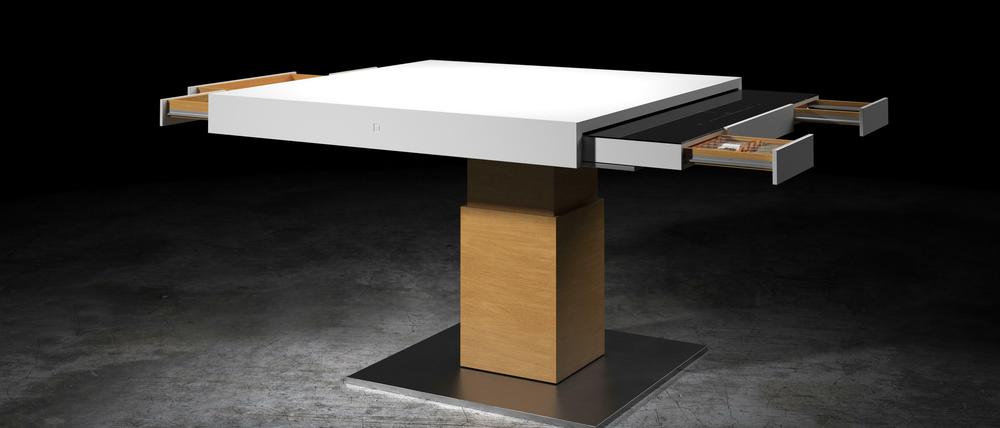 Das Design der Säule und die Ausmaße der Tischplatte lassen sich individuell variieren.