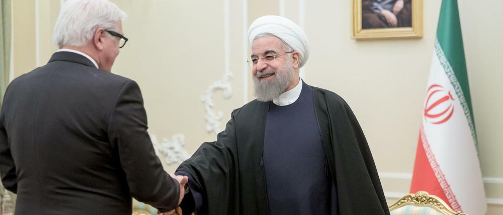 Bundesaußenminister Frank-Walter Steinmeier spricht mit Irans Staatspräsident Hassan Ruhani in Teheran. 