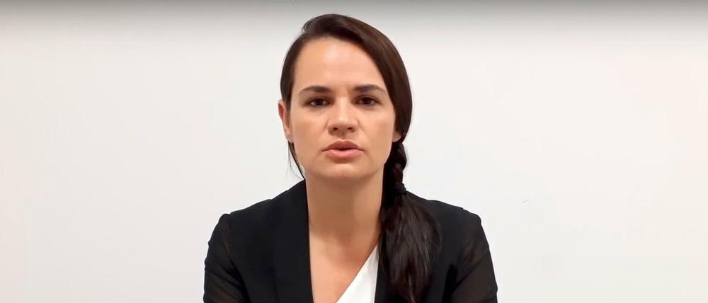 Swetlana Tichanowskaja in ihrer Videobotschaft an die EU aus ihrem Exil in Litauen