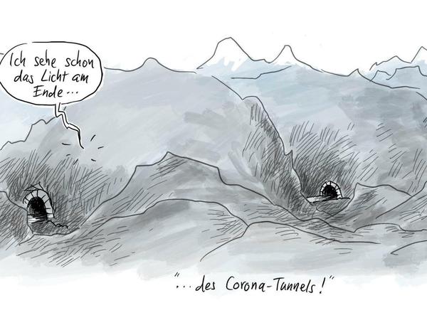 Unser Karikaturist scheint skeptisch, was das Licht am Ende des Corona-Tunnels angeht.