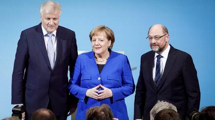 Die drei Parteichefs Horst Seehofer (CSU), Angela Merkel (CDU) und Martin Schulz (SPD, v. l. n. r.) leiten die Europa-Gespräche. 