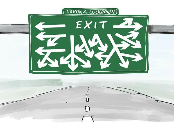So sieht Tagesspiegel-Karikaturist Stuttmann den Weg aus dem Corona-Shutdown.