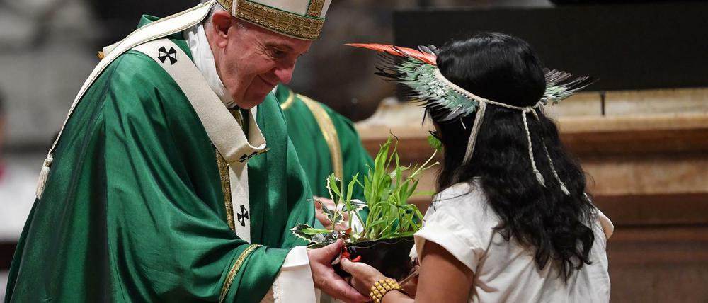 Papst Franziskus erhielt eine Pflanze von einer indigenen Frau.