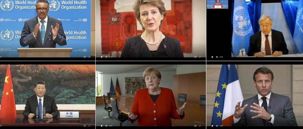 Weltgesundheitskonferenz in Corona-Zeiten: Bundeskanzlerin Angela Merkel im Kreise anderer Teilnehmer.