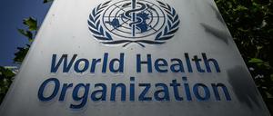 Ein Schild am Hauptsitz der Weltgesundheitsorganisation in Genf