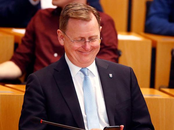 Vorfreude: Bodo Ramelow am Mittwoch im thüringischen Landtag - noch vor seiner erneuten Wahl zum Ministerpräsidenten.