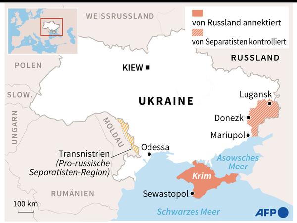 Karte der seit 2014 von Separatisten oder Russland besetzten ukrainischen Gebiete.