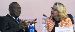 Der ghanaische Politiker Henry Kwabena Kokofu spricht mit Svenja Schulze (SPD), Bundesministerin für wirtschaftliche Zusammenarbeit und Entwicklung, während einer Sitzung auf dem UN-Klimagipfel COP27.