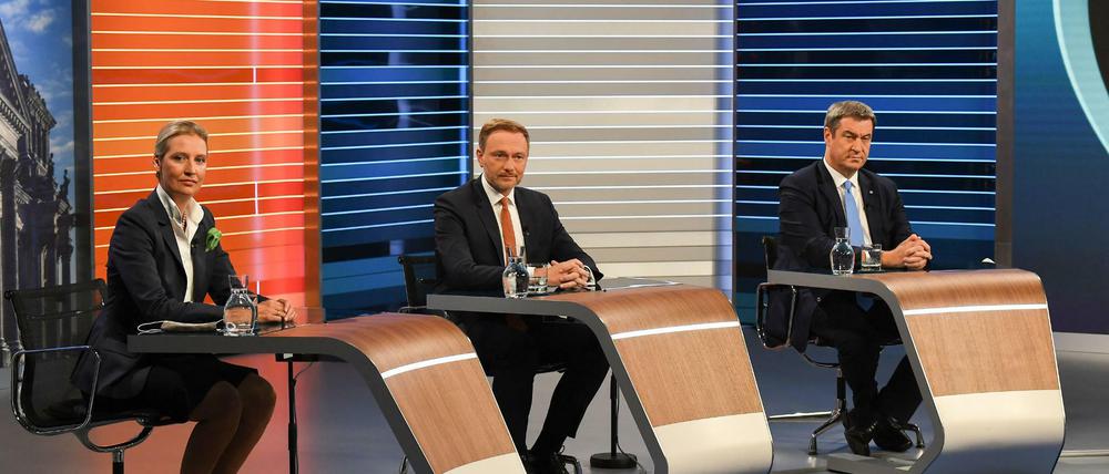Alice Weidel, Christian Lindner und Markus Söder in der TV-Debatte