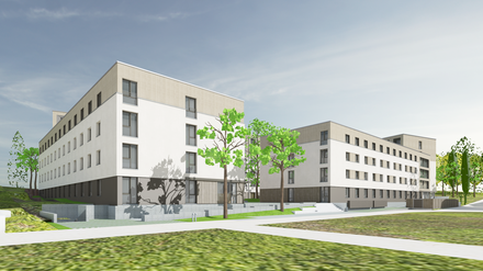 Visualisierung eines neuen Wohnheims mit 420 Plätzen auf dem Campus Golm der Universität Potsdam. Entwurf und Planung: Sahlmann & Partner GbR 
