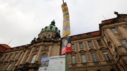 Erste Wahlplakate in der Friedrich-Ebert-Straße für die Wahl der Stadtverordnetenversammlung am 9. Juni 2024  in Potsdam