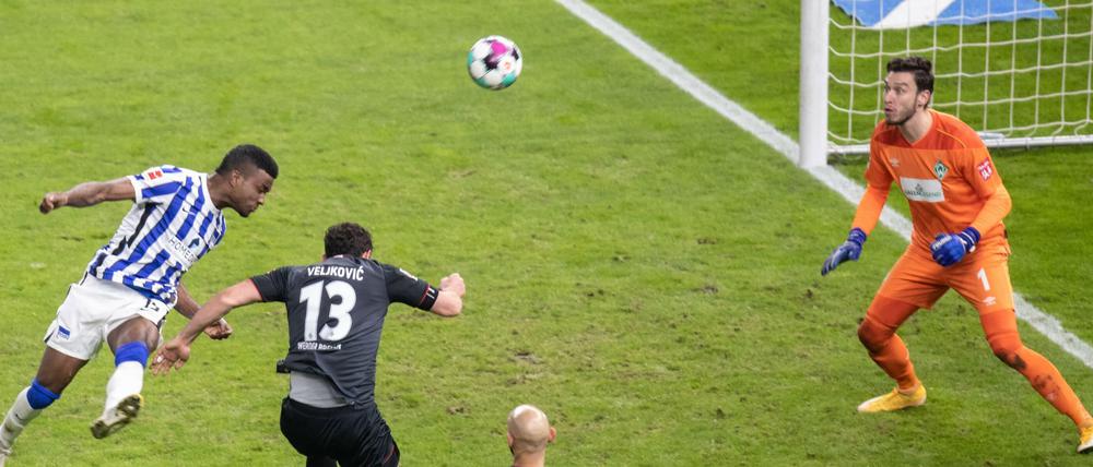 Jhon Cordoba ist Herthas torgefährlichster Stürmer, hier erzielt er seinen letzten Treffer gegen Werder Bremen.