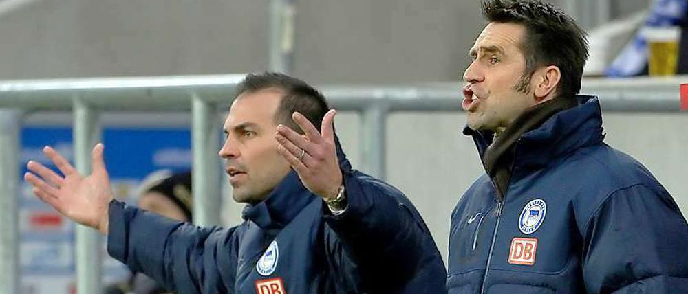 Hertha-Manager Michael Preetz (r.) gemeinsam mit Markus Babbel (l.) an der Seitelinie bei der Begegnung gegen Hoffenheim.