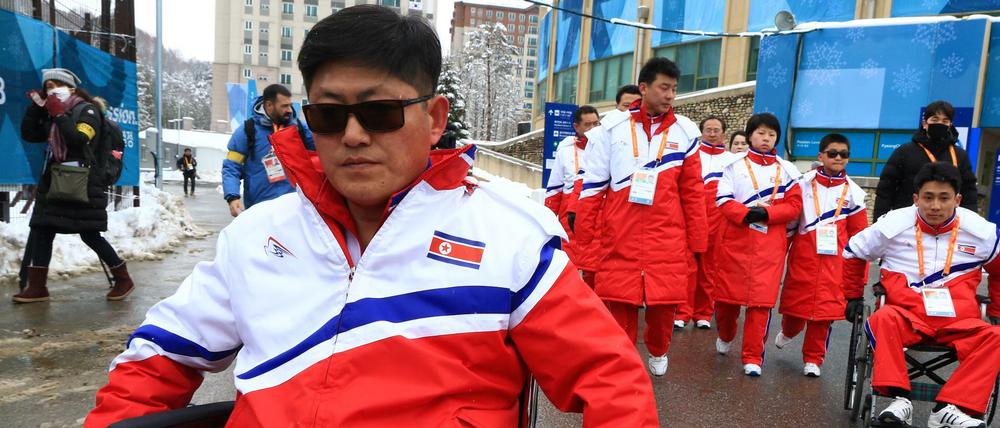 Team North Korea PRK visiting the Paralympic Village at the Pyeongchang 2018 Paralympics in South Korea.
