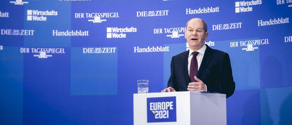 Bundesfinanzminister Olaf Scholz bei der Konferenz "Europe 2021", die der Tagesspiegel am Dienstag mitveranstaltet hat.