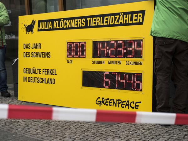Aktion vor dem Bundesagrarministerium: Seit Dienstag zählt Greenpeace gequälte Ferkel. 