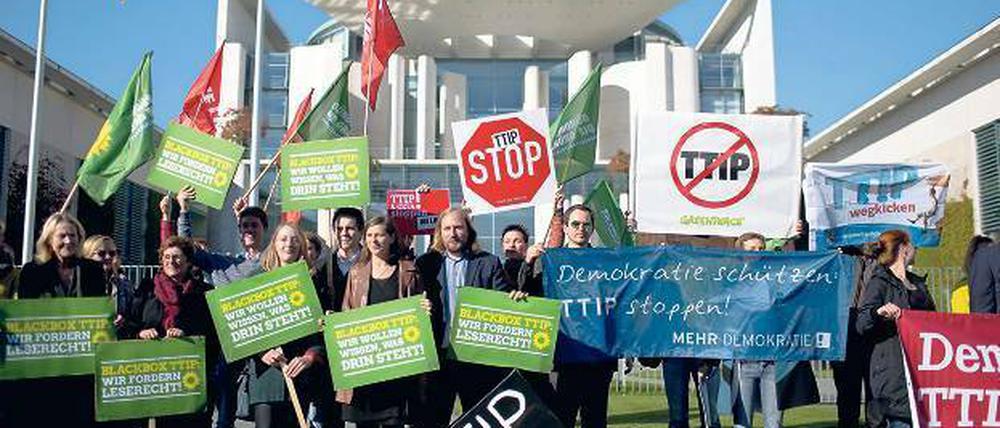 Bestens geeignet zur Profilierung ist das Thema TTIP für die Grünen, die vor ein paar Tagen vor Angela Merkels Haustür demonstrierten. Am kommenden Samstag gibt es eine Großdemonstration in Berlin gegen das geplanten Abkommen. 