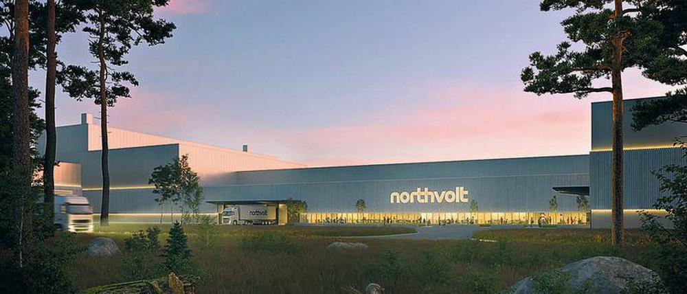 Animation. So könnte die Zellfabrik von Northvolt aussehen, die derzeit im Norden Schwedens geplant wird. 