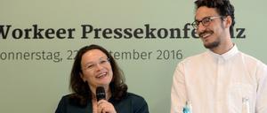 Arbeitsministerin Andrea Nahles (SPD) und David Jacob, Gründer von «Workeer», nehmen am 22.09.2016 in Berlin an einer gemeinsamen Pressekonferenz teil. 