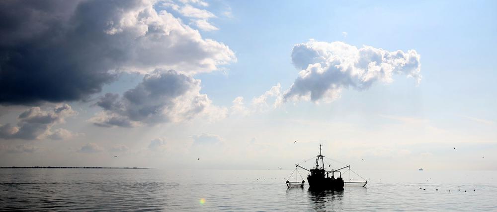 Ein Krabbenkutter fährt am 17.09.2008 unter herannahenden Wolken vor dem schleswig-holsteinischen Büsum über die Nordsee.