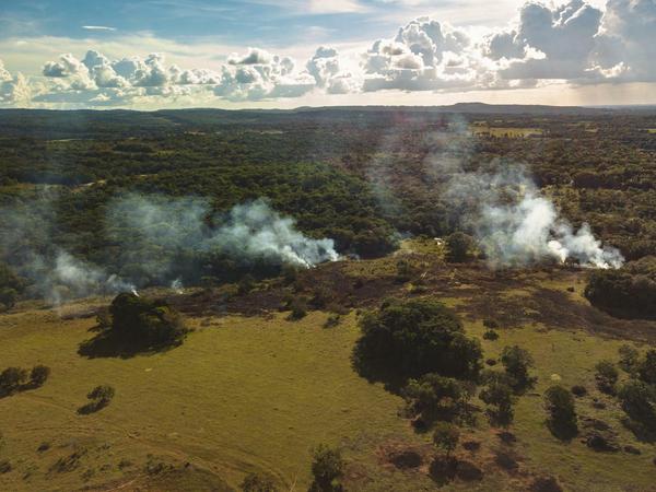 Luftaufnahme des Abbrennens von Land, um unerwünschtes Gestrüpp und Unkraut zu entfernen, als Teil der Grasbewirtschaftung für die Erweiterung der Viehzucht in San Jose del Guaviare, Kolumbien. 