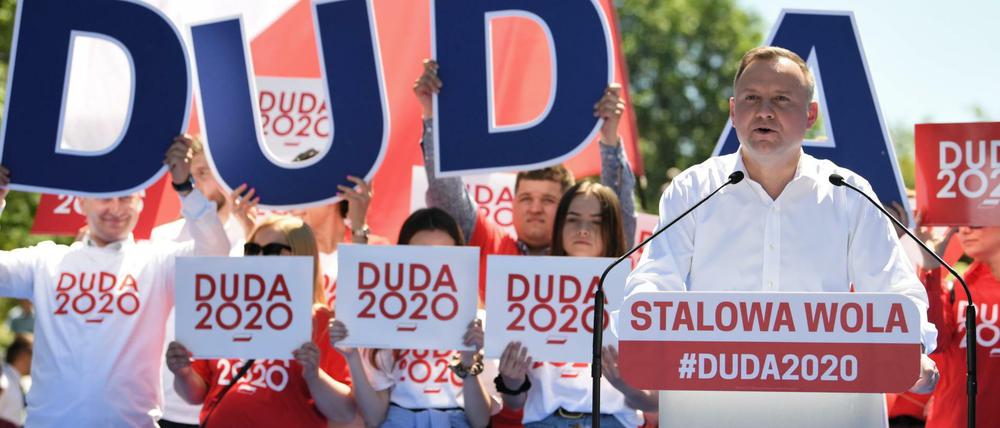 Andrzej Duda, Präsident von Polen und Kandidat für das Amt des Präsidenten der PiS-Partei (Recht und Gerechtigkeit) bei einer Wahlkampfveranstaltung.
